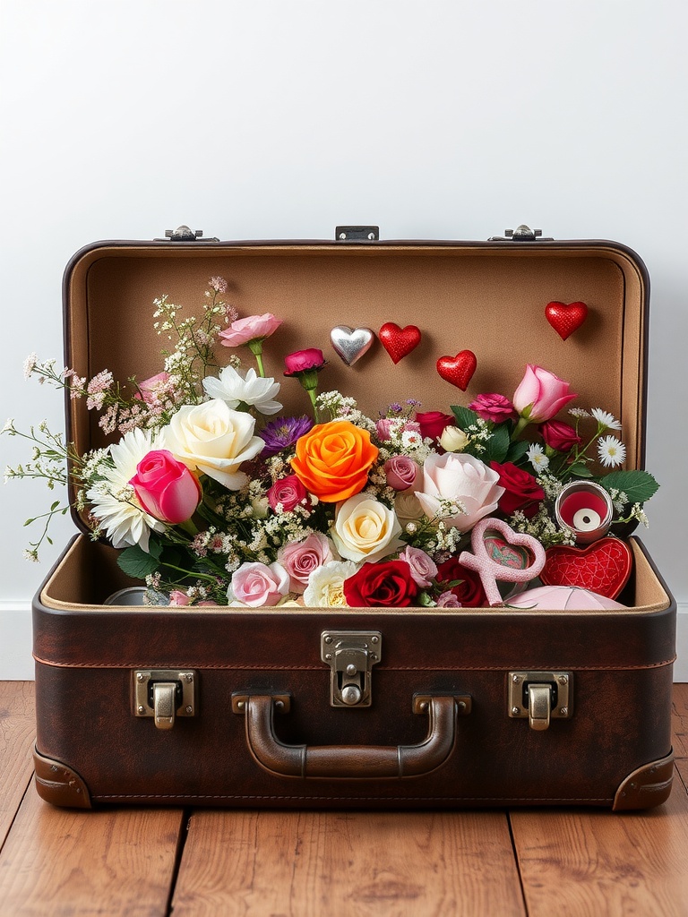 A vintage suitcase filled with colorful flowers and Valentine's Day decorations.