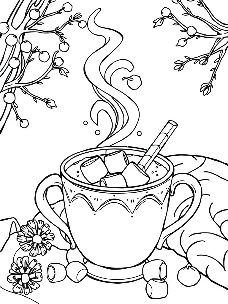 A cozy coloring page featuring a cup of cocoa with marshmallows, surrounded by flowers and a blanket.