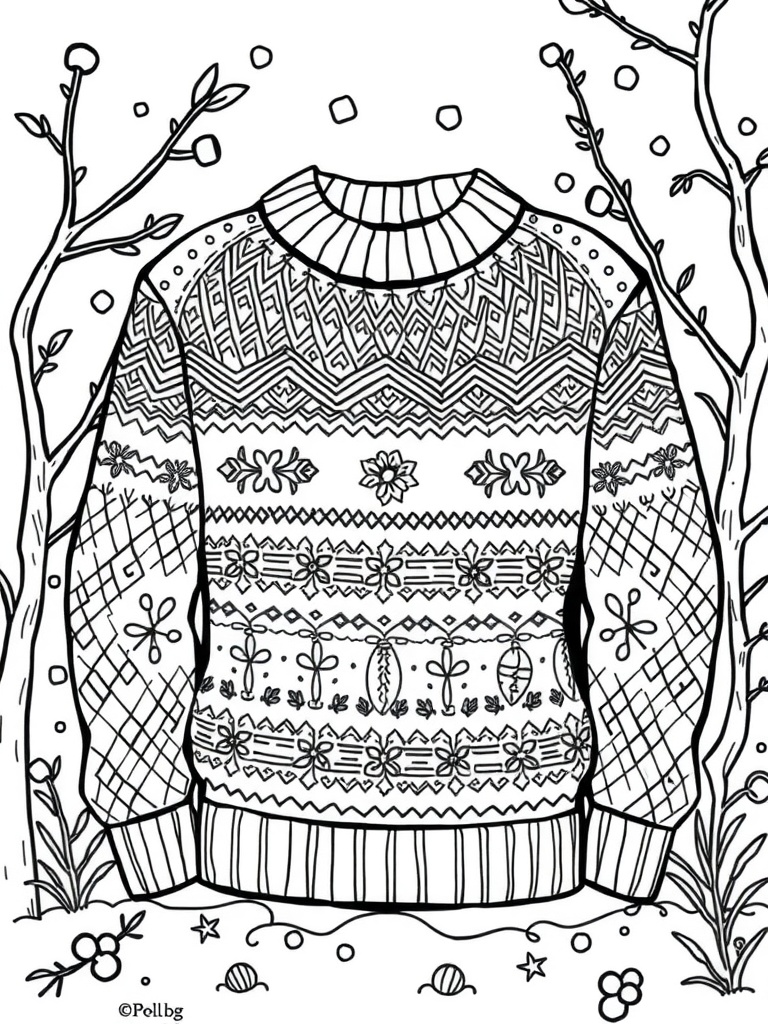 A black and white illustration of a cozy wool sweater surrounded by decorative elements.