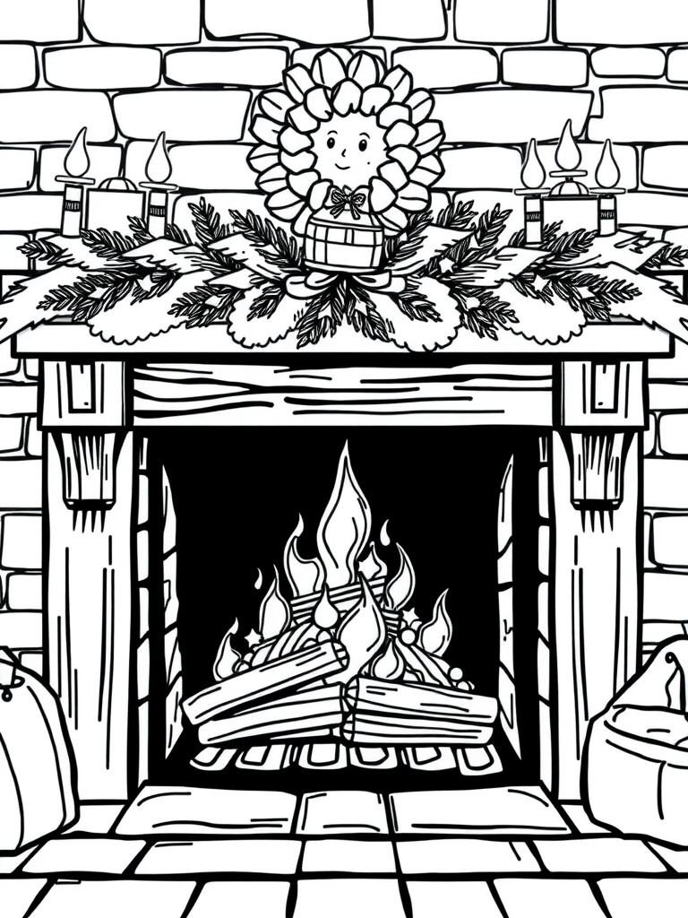 A cozy fireplace decorated with a wreath and candles, featuring logs burning inside.