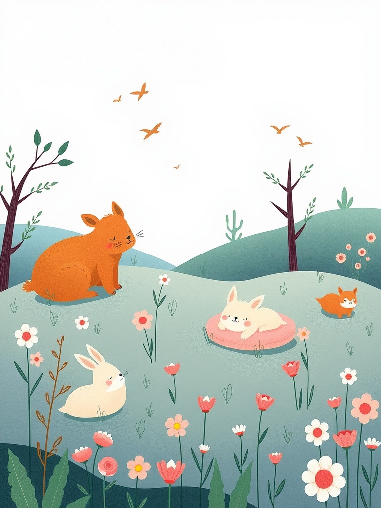 A whimsical illustration featuring cute animals in a colorful flower-filled landscape.