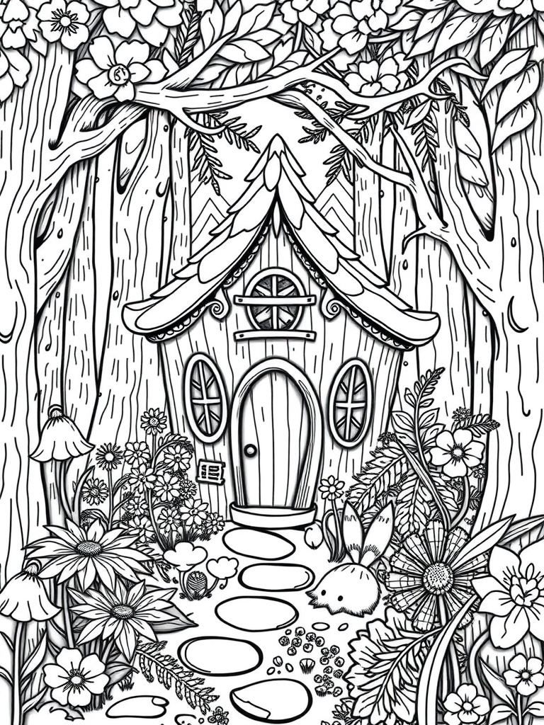 A whimsical fairy house surrounded by flowers and trees, inviting color.