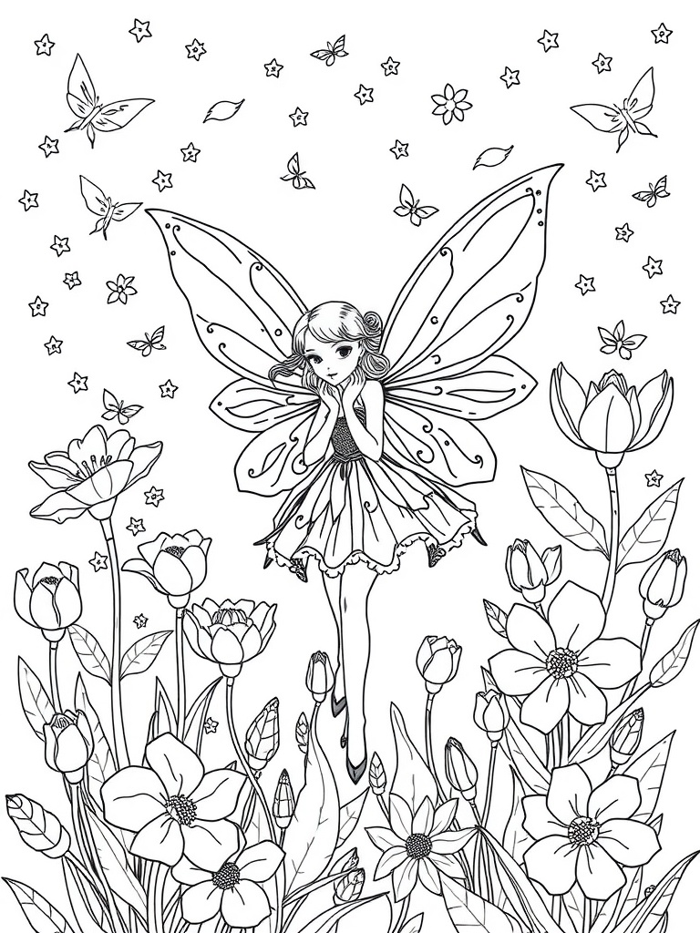 A whimsical flower fairy flying among flowers and stars, ready to be colored.