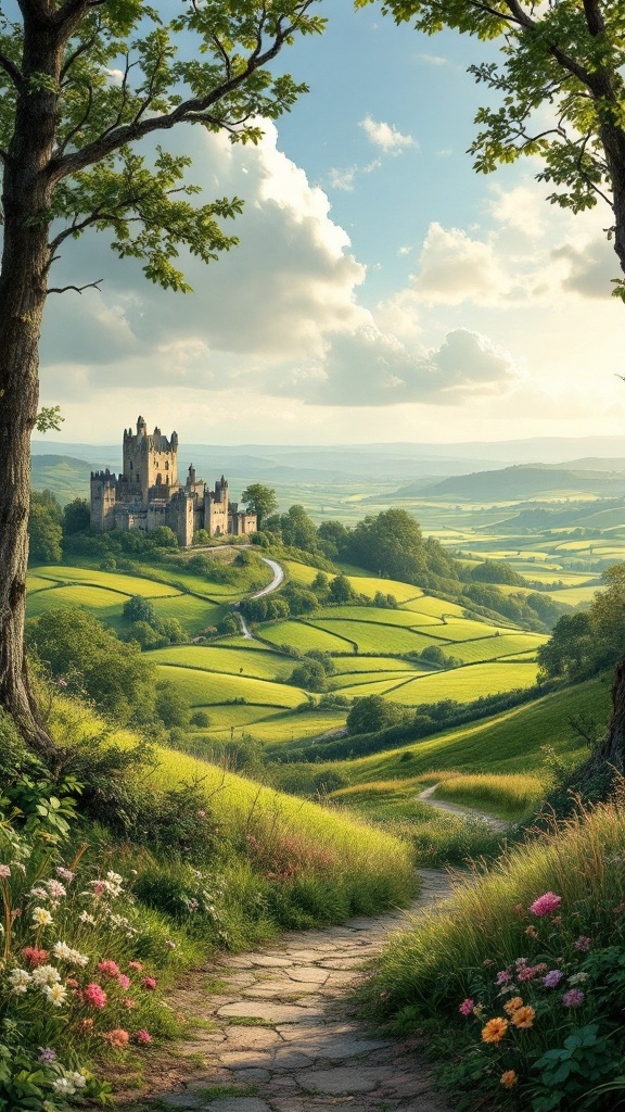 A whimsical Irish landscape featuring rolling green hills, wildflowers, and a castle in the background.