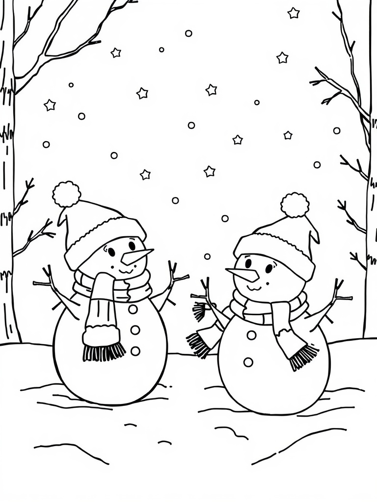 Coloring page featuring two whimsical snowmen with hats and scarves, surrounded by snowflakes and trees.