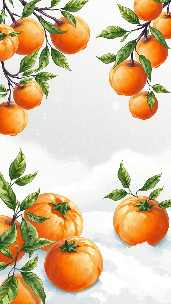 A vibrant watercolor illustration of oranges hanging from branches, set against a snowy background.