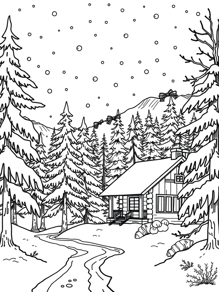 A cozy winter scene featuring a cabin in a snowy forest with pine trees and falling snow.