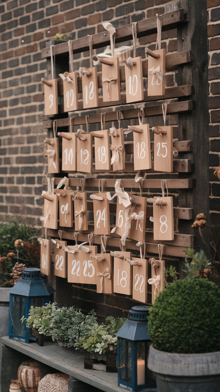 A rustic advent calendar with wooden cards hanging, displaying numbers, next to potted plants and lanterns.