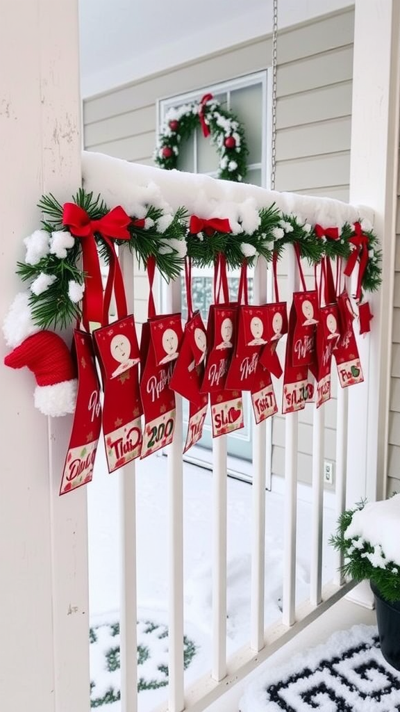 Advent calendar with red tags and bows hanging on a porch railing, decorated with greenery and snow.