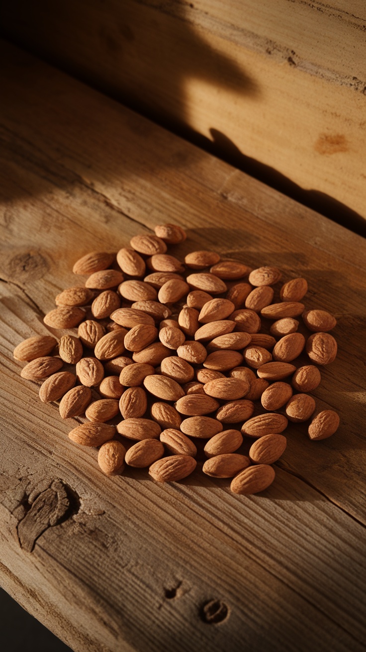 A pile of almonds on a wooden surface.