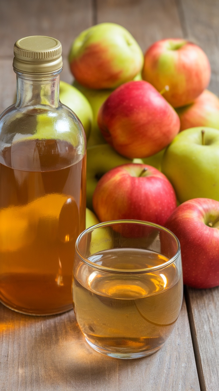 A bottle of apple cider vinegar and a glass of its liquid, surrounded by fresh apples.