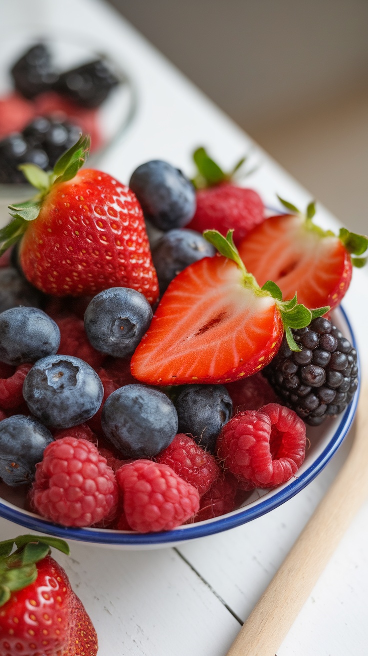 A bowl filled with fresh strawberries, blueberries, raspberries, and blackberries