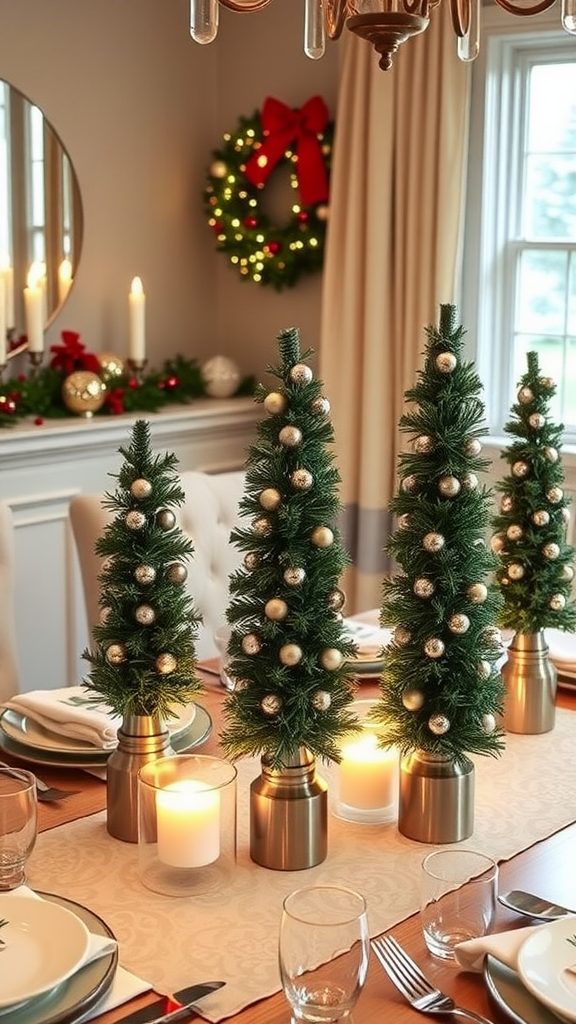 Three bottle brush trees with ornaments on a dining table with candles and holiday decor.