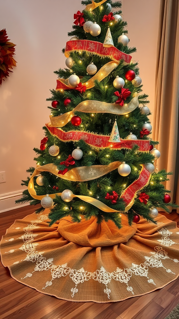 A beautifully decorated Christmas tree with a burlap and lace tree skirt.