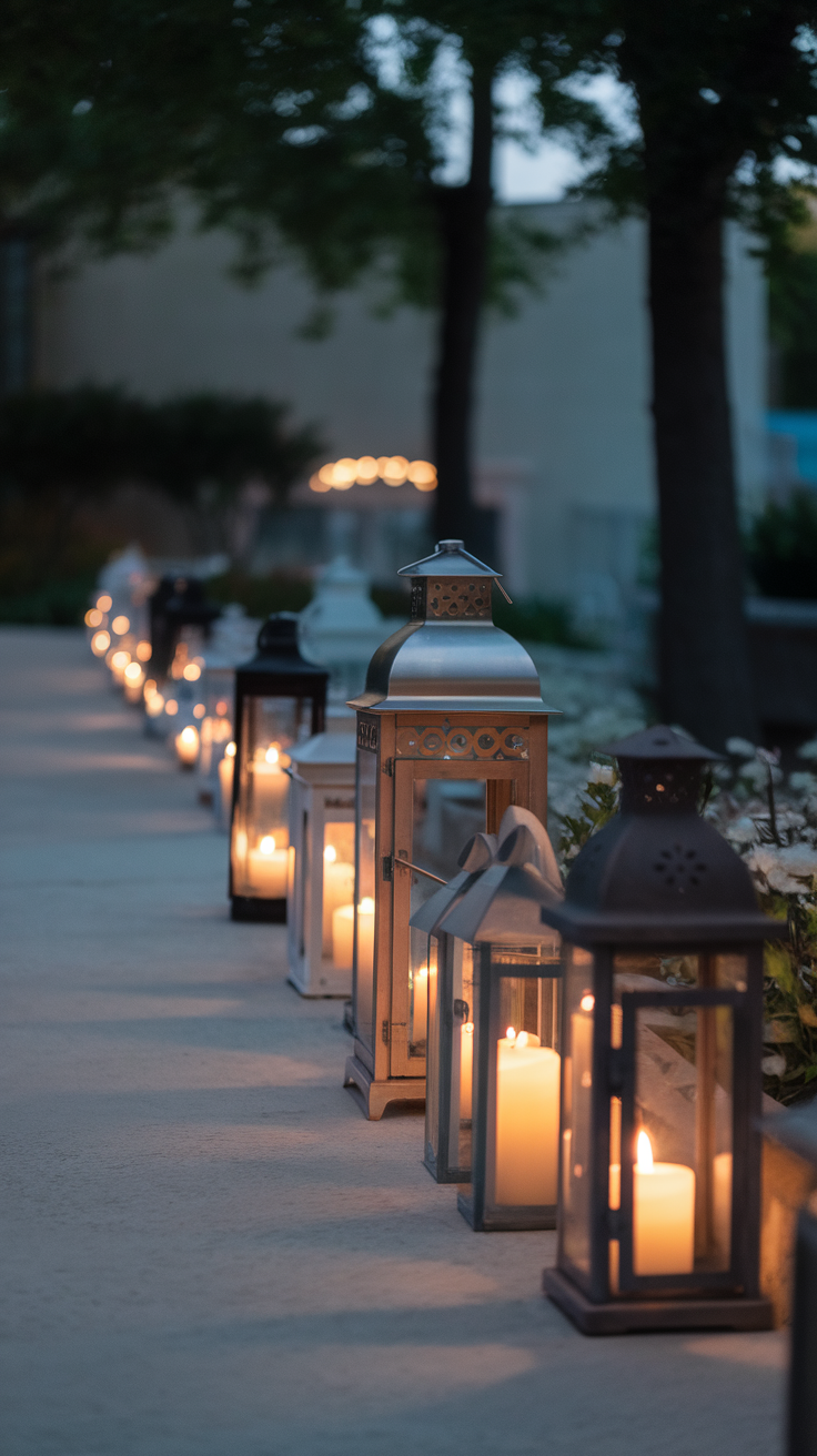 A line of lit lanterns with candles, creating a warm and inviting atmosphere