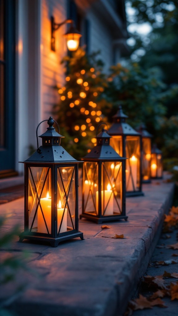 A row of candlelit lanterns on a pathway, creating a warm and inviting atmosphere.