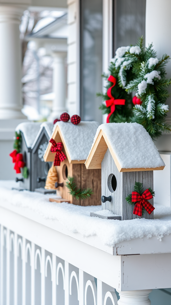 Decorative birdhouses with Christmas-themed decorations and snow.