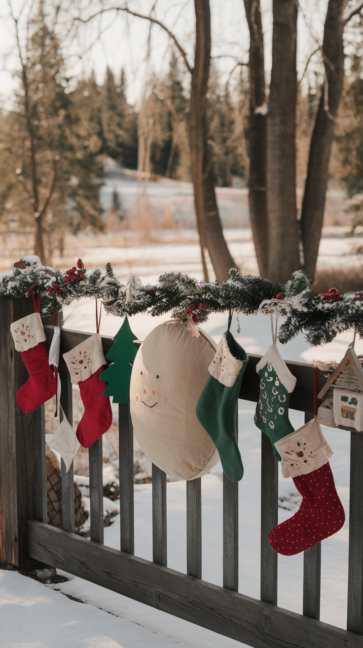 A festive display of colorful Christmas stockings and decorations hanging on a wooden fence in a snowy landscape.