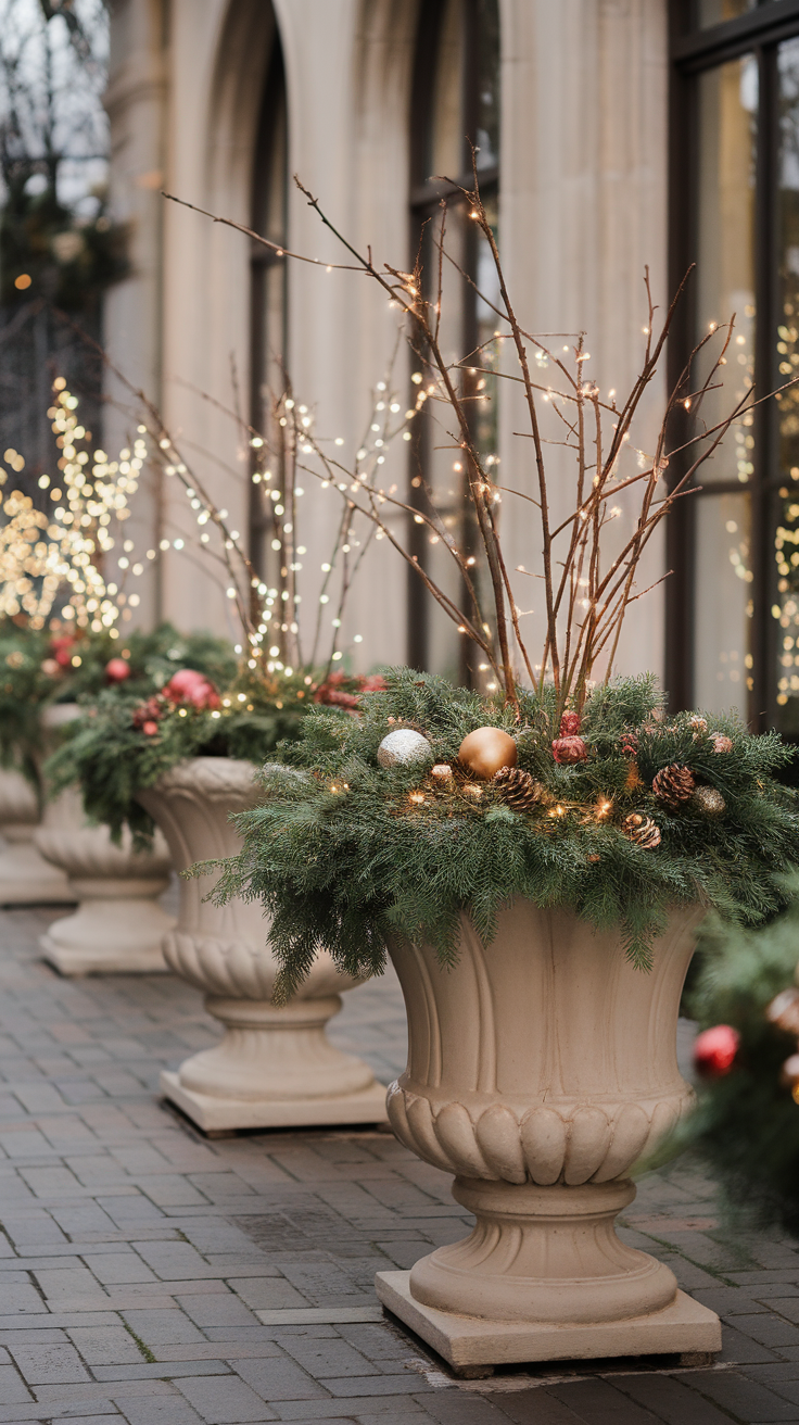 Holiday planters with lights, ornaments, and greenery