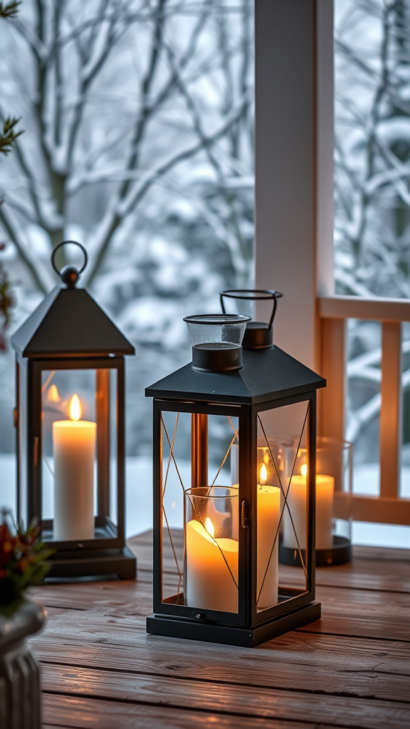 Battery-operated lanterns with candles glowing softly on a wooden table, with a snowy background.