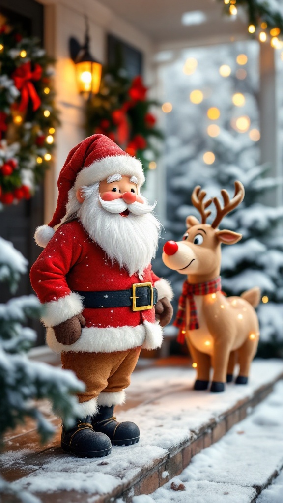 A cheerful Santa Claus standing next to a reindeer in a snowy setting, decorated with holiday lights.