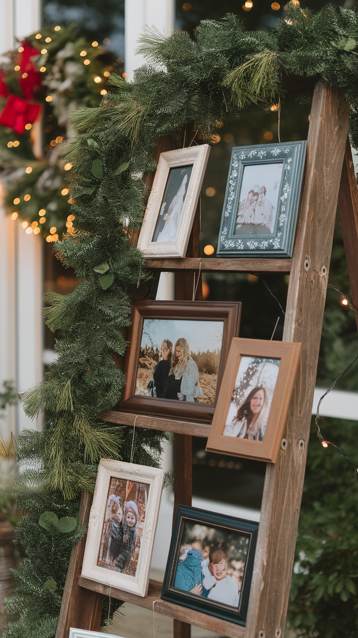 A charming display of family photos framed in various styles, adorned with greenery and lights, creating a warm and inviting atmosphere.