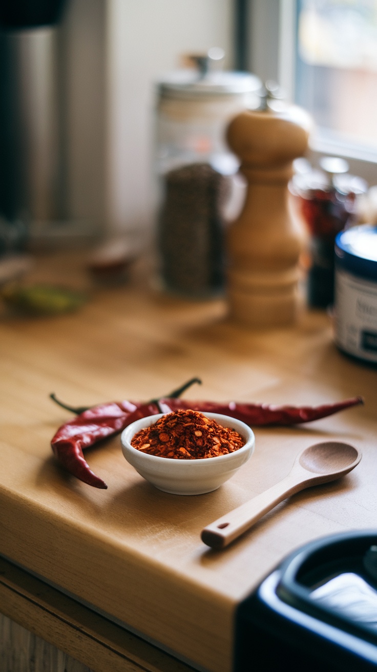 A bowl of chili flakes on a wooden countertop with dried red chilies and a wooden spoon.