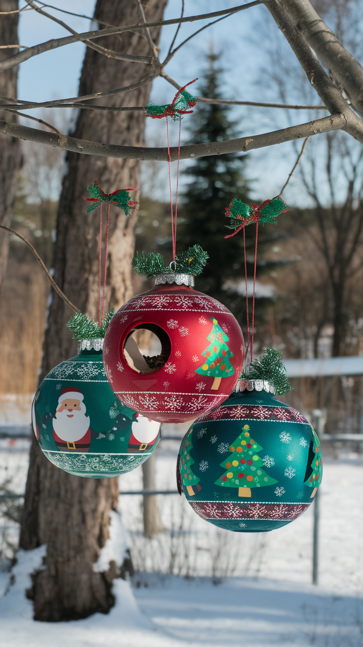 Colorful Christmas-themed bird feeders hanging from a tree branch in a snowy setting.