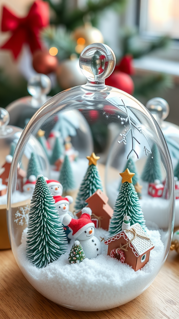 A beautiful Christmas-themed terrarium featuring snowmen, miniature trees, and houses in a snowy setting.