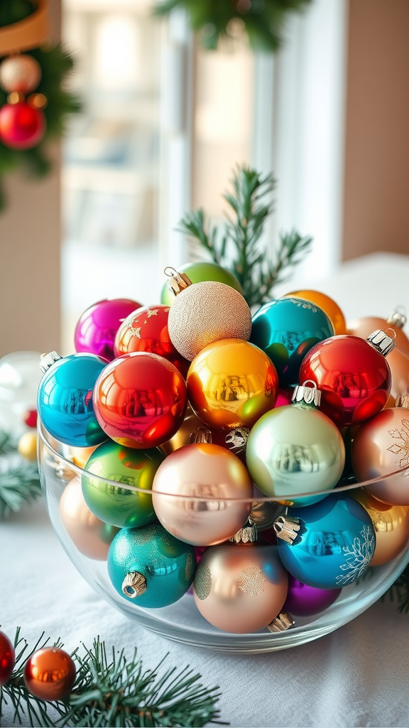 A bowl filled with colorful Christmas baubles on a table, surrounded by pine branches.