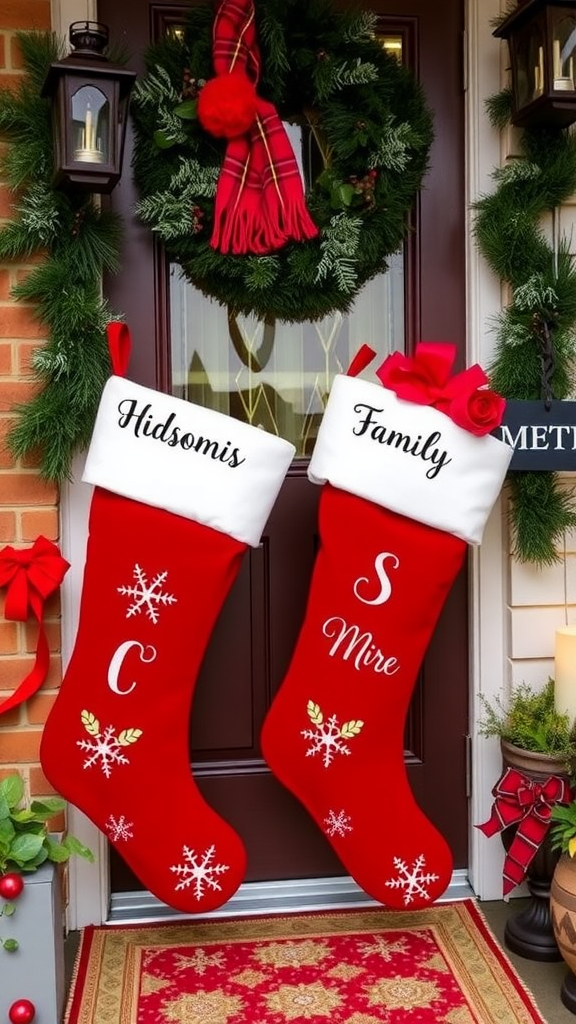 Two red Christmas stockings hanging on a door, one labeled 'Hidsomis Family' and the other with 'S Mire'.
