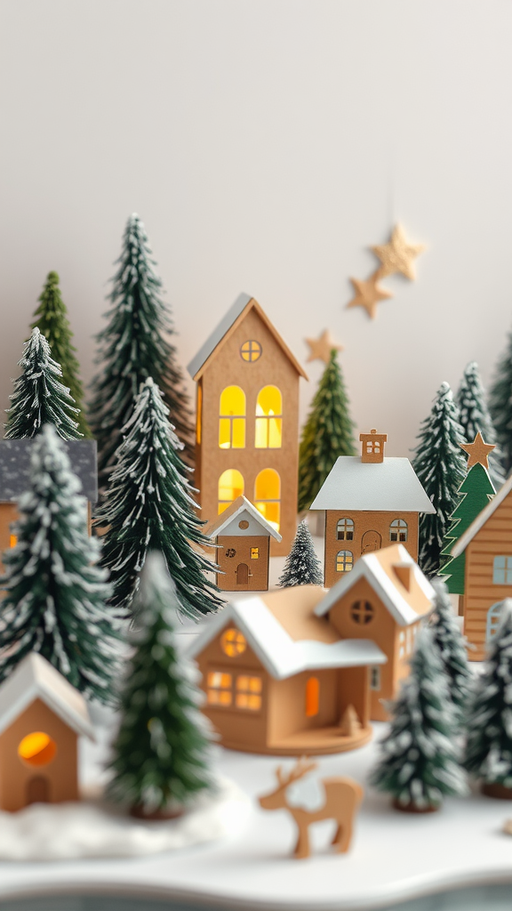 A cozy cardboard Christmas village scene with small houses and trees.
