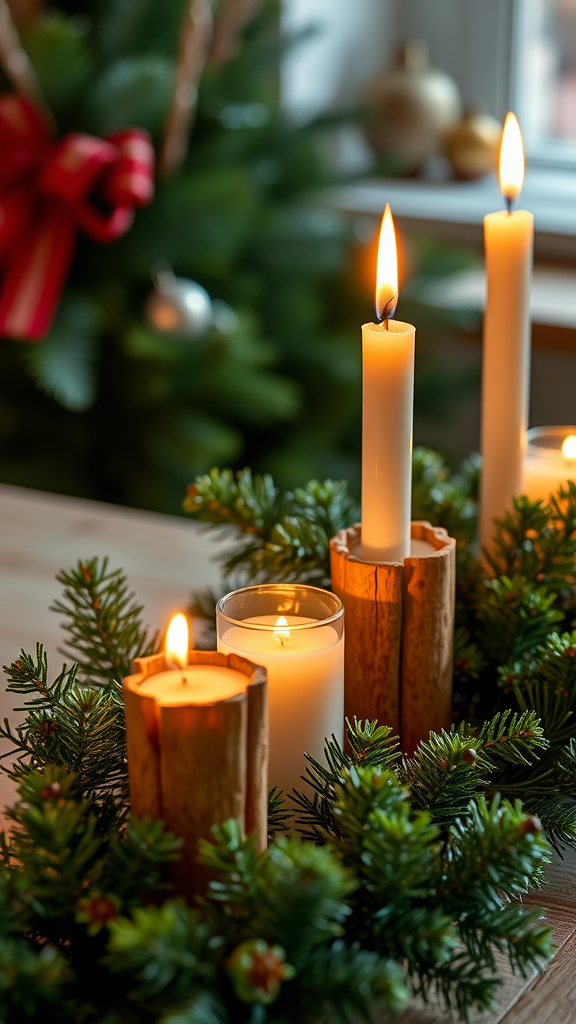 Cinnamon stick candle holders with lit candles surrounded by green foliage.