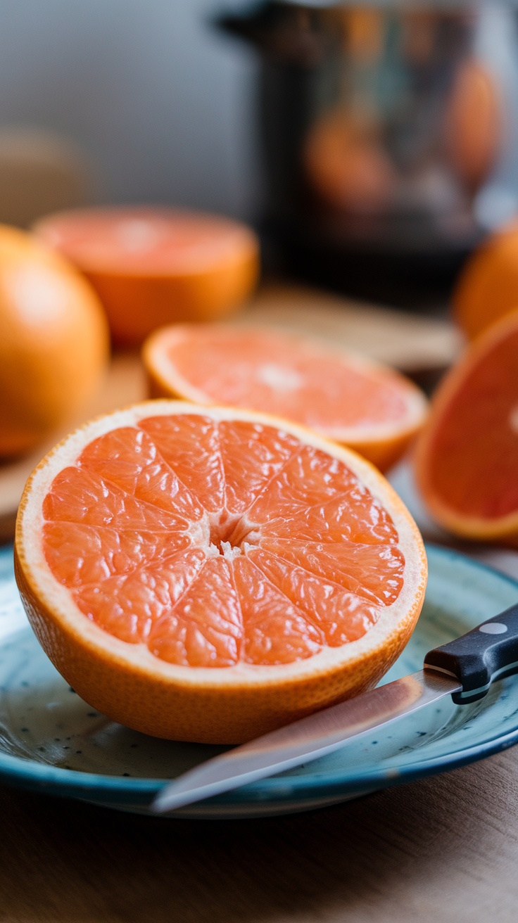 A halved grapefruit on a plate with a knife beside it.