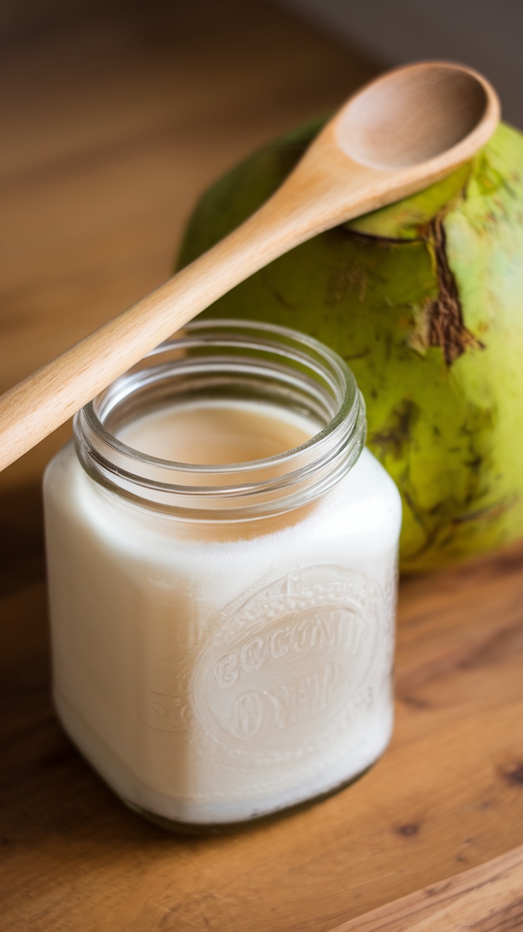 A jar of coconut oil next to a green coconut and a wooden spoon.