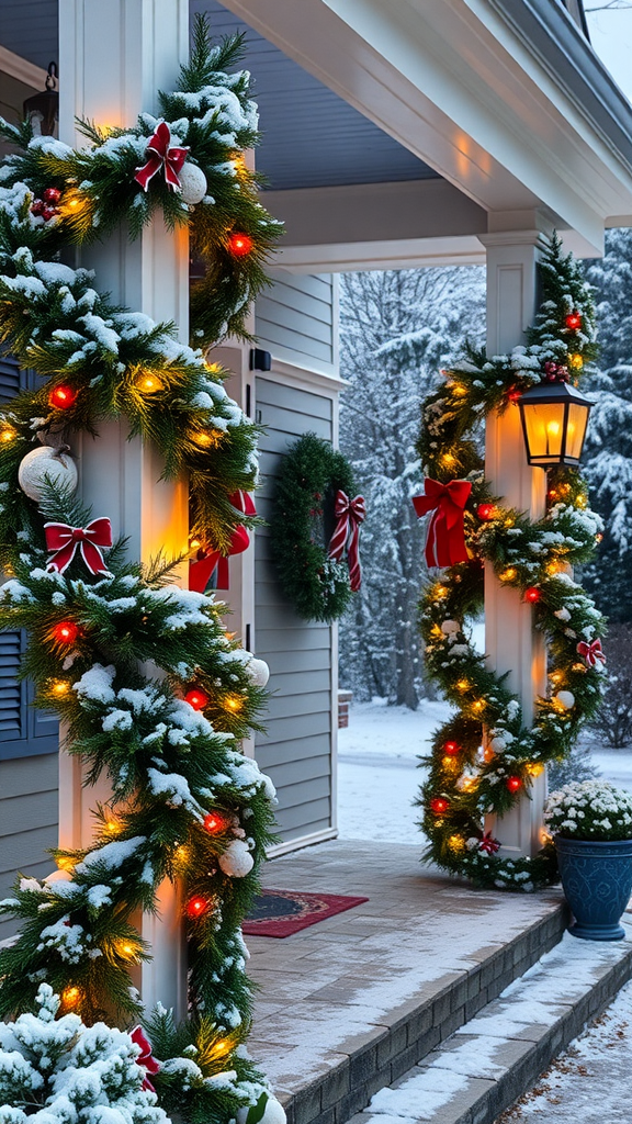 Garland and colorful lights wrapped around porch columns with snow on the ground.