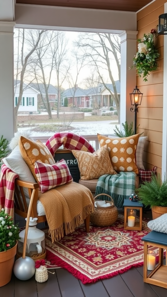 Cozy outdoor seating area with colorful throws and pillows, surrounded by plants and lanterns.