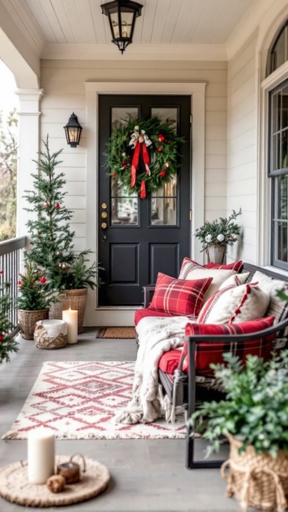 Cozy porch seating with festive decorations and cushions