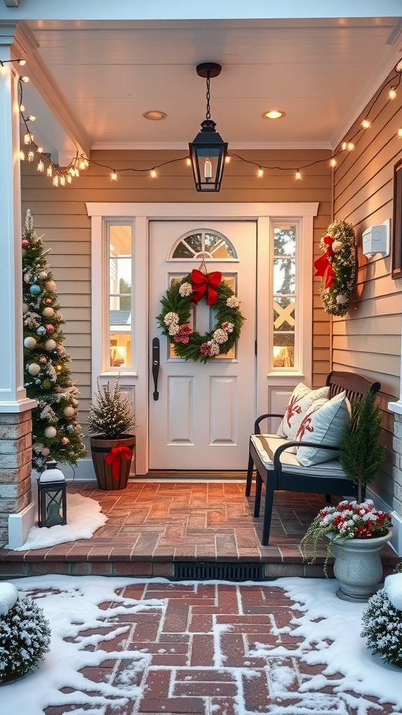A cozy winter entrance with wreaths, lights, and snow-covered pathway.