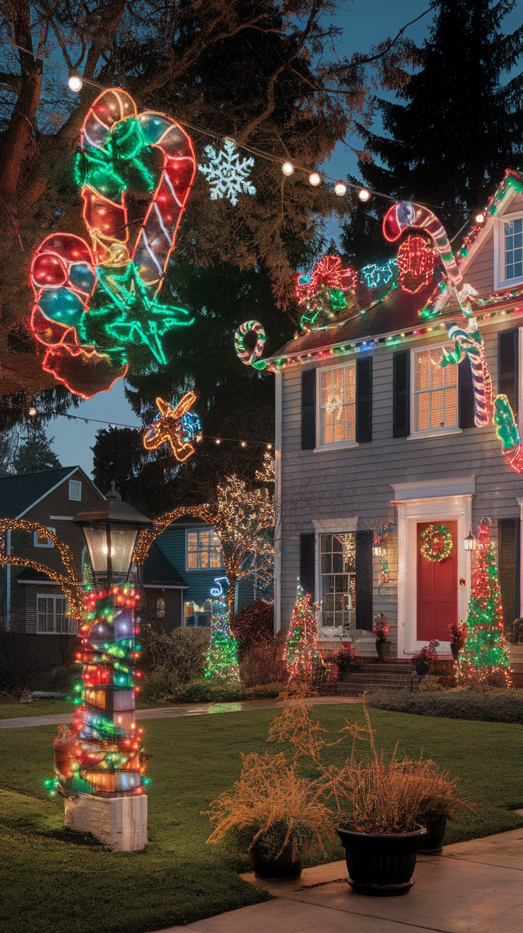 A house decorated with colorful Christmas lights, featuring candy canes, snowflakes, and Christmas trees in the yard.