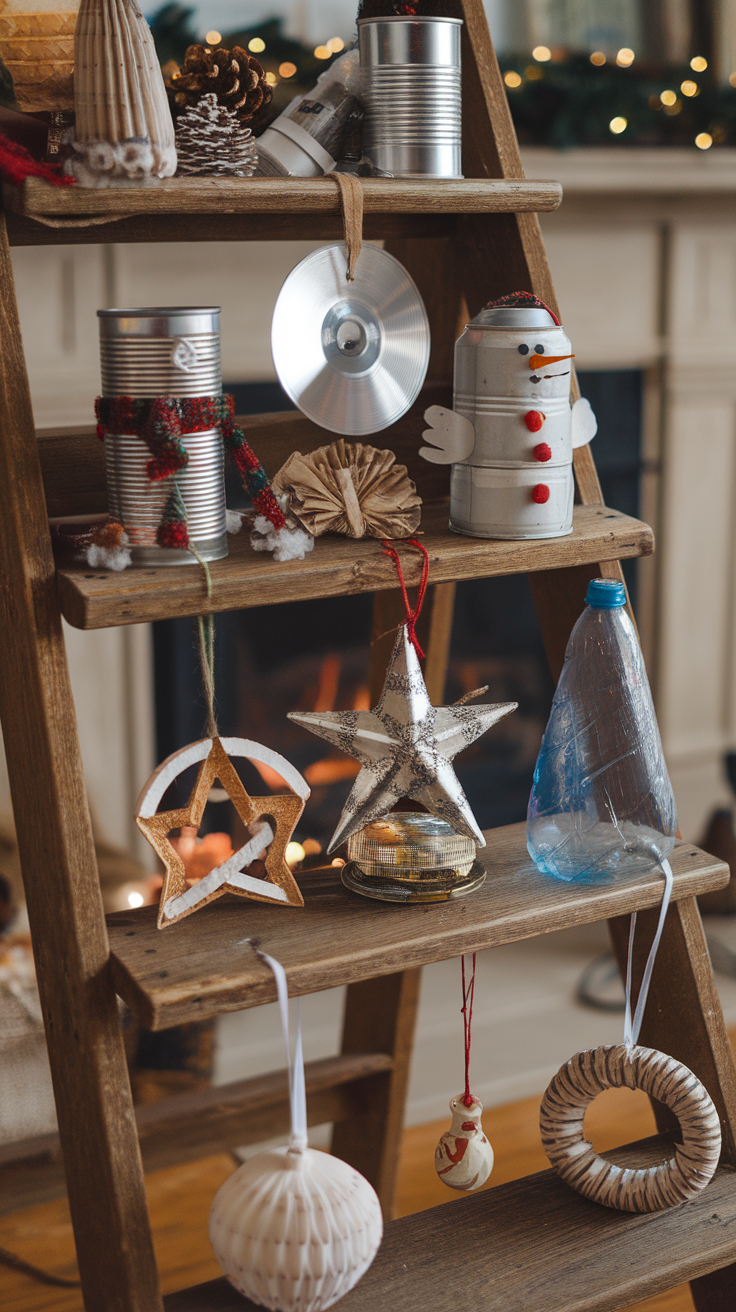 A wooden ladder decorated with various DIY Christmas ornaments made from recycled materials.