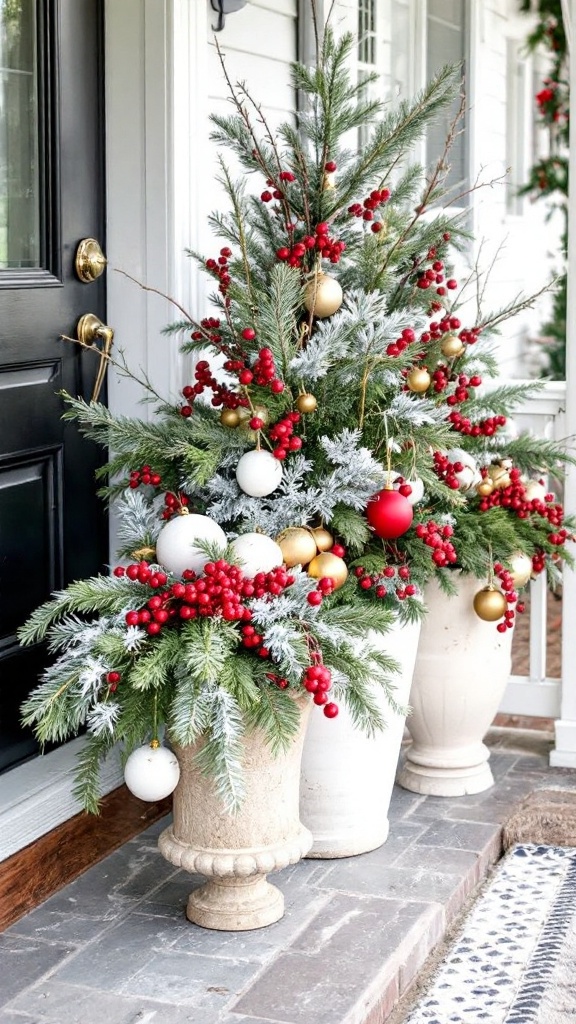 Decorative winter planters with evergreen branches, red berries, and ornaments.