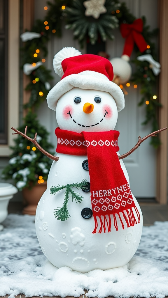 A cheerful snowman wearing a red hat and scarf, with a smiling face and branch arms, surrounded by snow.