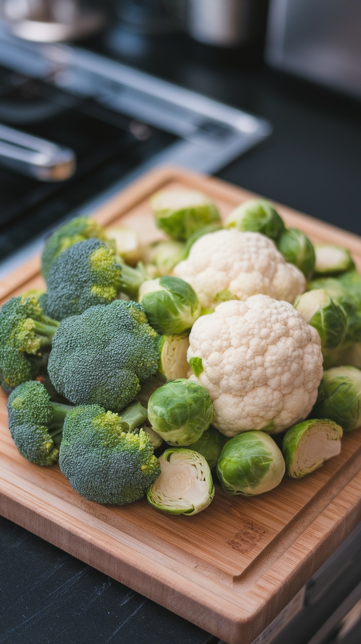 A variety of cruciferous vegetables including broccoli, cauliflower, and Brussels sprouts on a wooden cutting board.