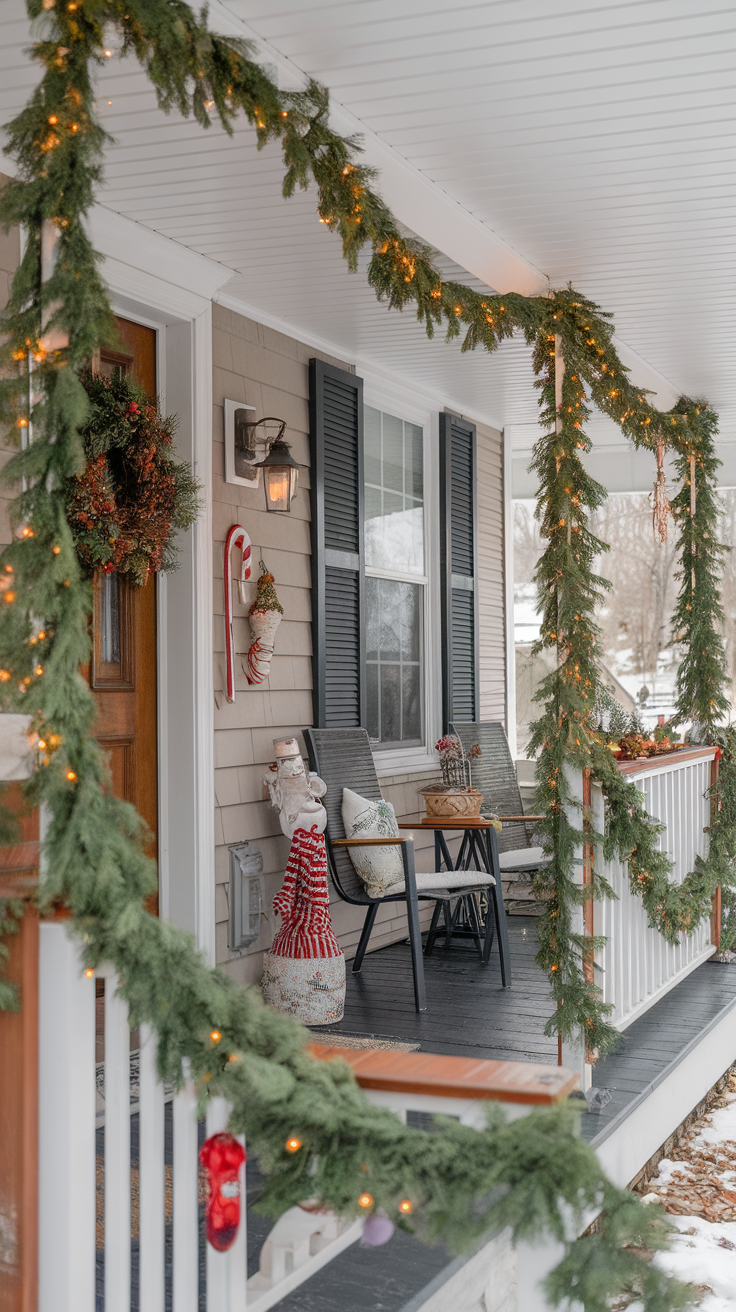 A decorated porch featuring garland and holiday decor