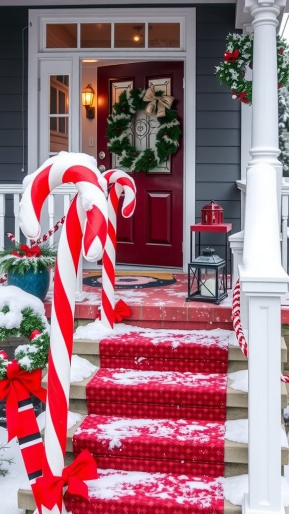 Decorative candy canes on snowy steps leading to a festive front door