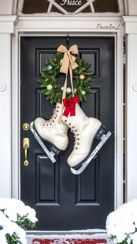 Decorative ice skates hanging on a door with a wreath and a ribbon.