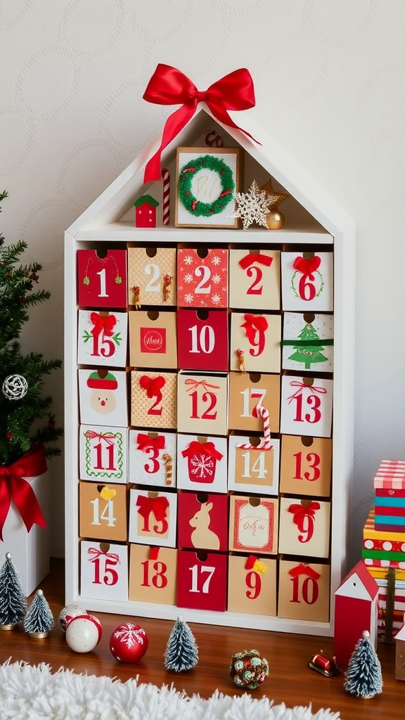 A colorful DIY advent calendar displayed in a house-shaped structure with festive decorations.