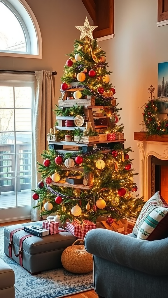 A beautifully decorated rustic pallet tree with ornaments and lights, set in a cozy living room.