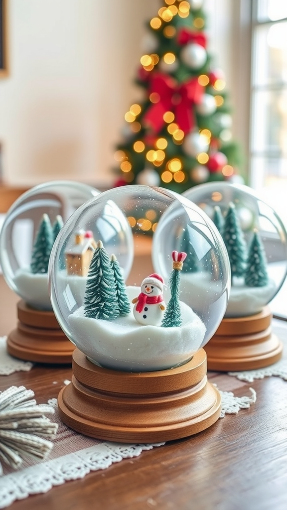 Three snow globes with a snowman, pine trees, and a festive background featuring a Christmas tree.